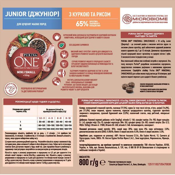 Purina One Mini Junior(Ван МІНІ). З куркою та рисом. Для цуценят, сух 800г 7613035027022 фото