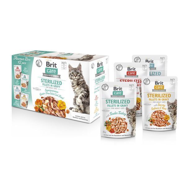 Корм вологий Brit Care Fillets in Gravy Flavour box Sterilized д/стерилізованих котів філе в соусі набір смаків 12 х 85 г 1111180884 фото
